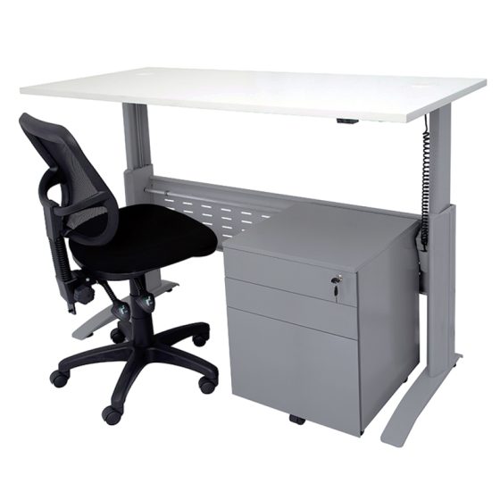 Smart ‘Sit Stand’ Desk, Surrey Chair and Drawer Unit Package, Silver Frame, White Desk Top