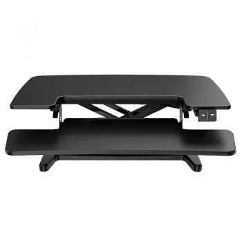 High Rise Electric Height Adjustable Desktop Stand, Black. Lowered Front View