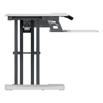 High Rise Electric Height Adjustable Desktop Stand, White. End View