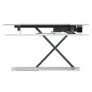 High Rise Electric Height Adjustable Desktop Stand, White. Raised Front View