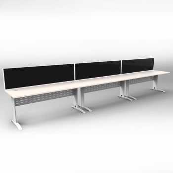 Smart 3 Inline Desks, White Base with White Tops and 3 Modular Express Screen Dividers