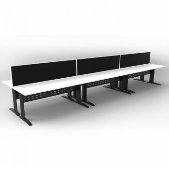Smart 6 Back to Back Desks, Satin Black Base with White Tops and 3 Modular Express Screen Dividers