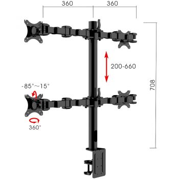 Eden Standard Ergonomic Quad Monitor Arm, with Dimensions
