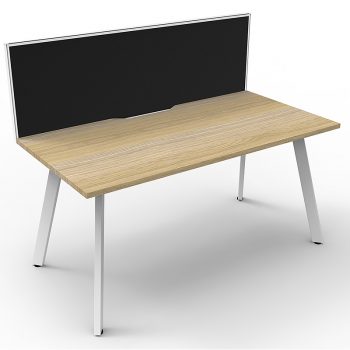 Splay Single Desk – 1 Person, Natural Oak Top, Satin White Frame, with Black Screen Divider