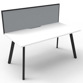 Splay Single Desk – 1 Person, White Top, Satin Black Frame, with Grey Screen Divider