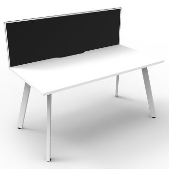 Splay Single Desk – 1 Person, White Top, Satin White Frame, with Black Screen Divider