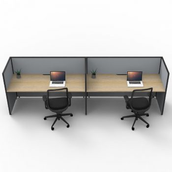 Zen Screen Hung 2 In-Line Desks, Natural Oak Tops, Grey Screen Dividers
