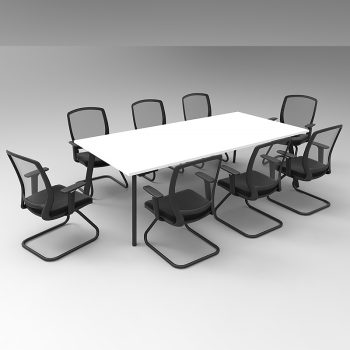 Splay 2400 x 1200 Meeting Table, White Table Top, Black Frame, with 8 Chairs