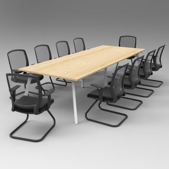 Splay 3200 x 1200 Meeting Table, Natural Oak Table Top, White Frame, with 10 Chairs