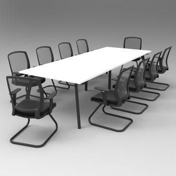 Splay 3200 x 1200 Meeting Table, White Table Top, Black Frame, with 10 Chairs